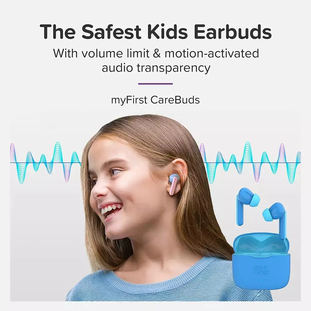 myFirst 85dB Volume Limit, Built-in Mic, 6 Ear Tips, Anti-Lost Strap Easy Pairing, Gift for Kids 4-15 CareBuds Kids Wireless Earbuds 3
