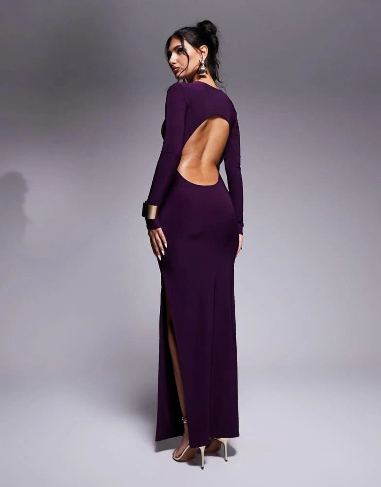 chinese dress ladies Purple V-Neck Maxi Dress With Long Sleeve And Slit