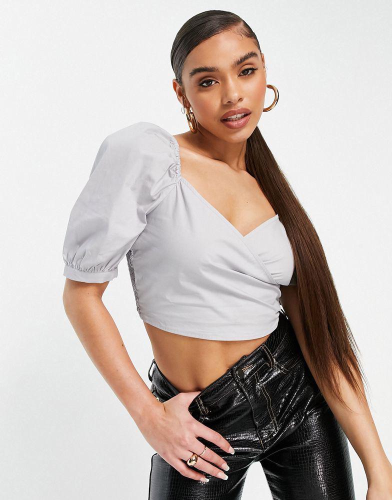 NA-KD NA-KD puff sleeve wrap blouse in light blue