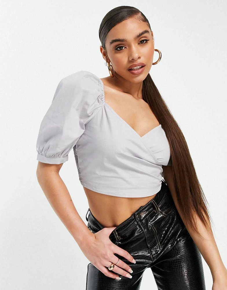 NA-KD NA-KD puff sleeve wrap blouse in light blue 1