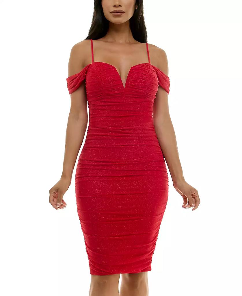 City Studios Juniors' Cold-Shoulder Glitter-Mesh Ruched Dress