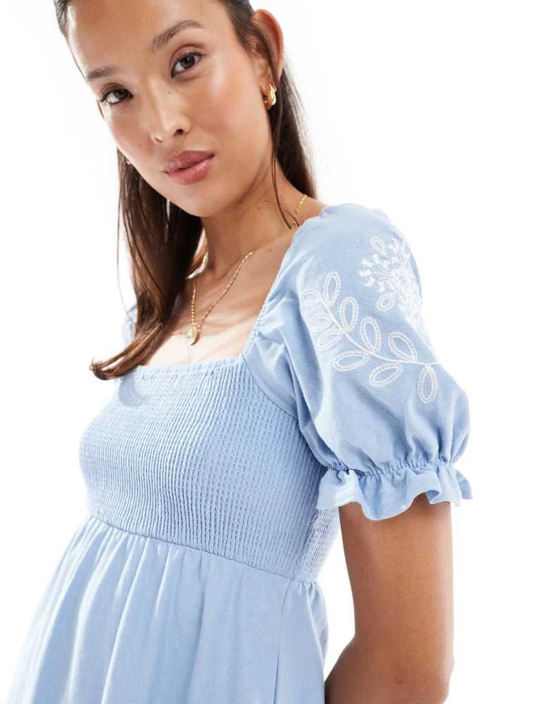 Miss Selfridge embroidered puff sleeve mini dress in blue with White embroidery
