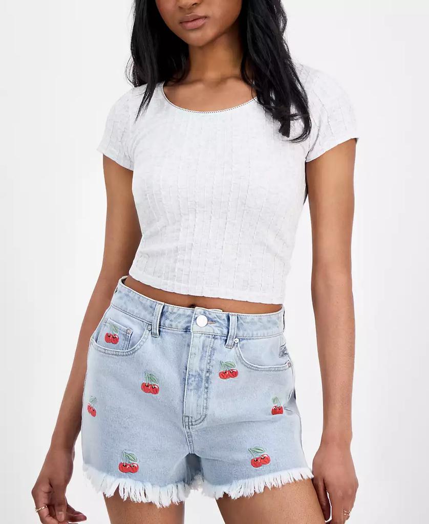 Indigo Rein Juniors' Cherry Embroidered Denim Shorts