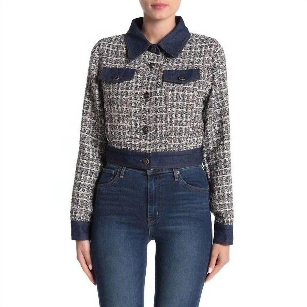 Gracia Gracia - Tweed Glitter Contrast Denim Crop Jacket