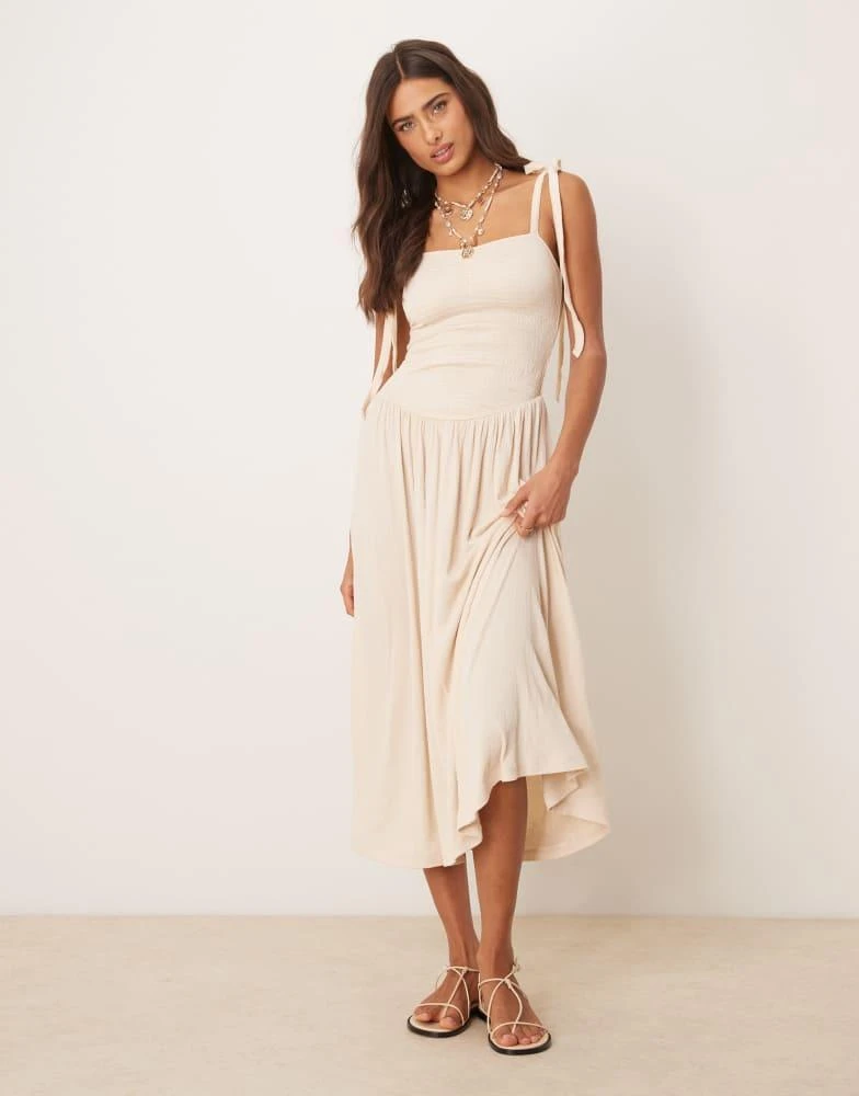 ASOS ASOS DESIGN crinkle shirred bodice tie cami strap midi sundress in stone 1