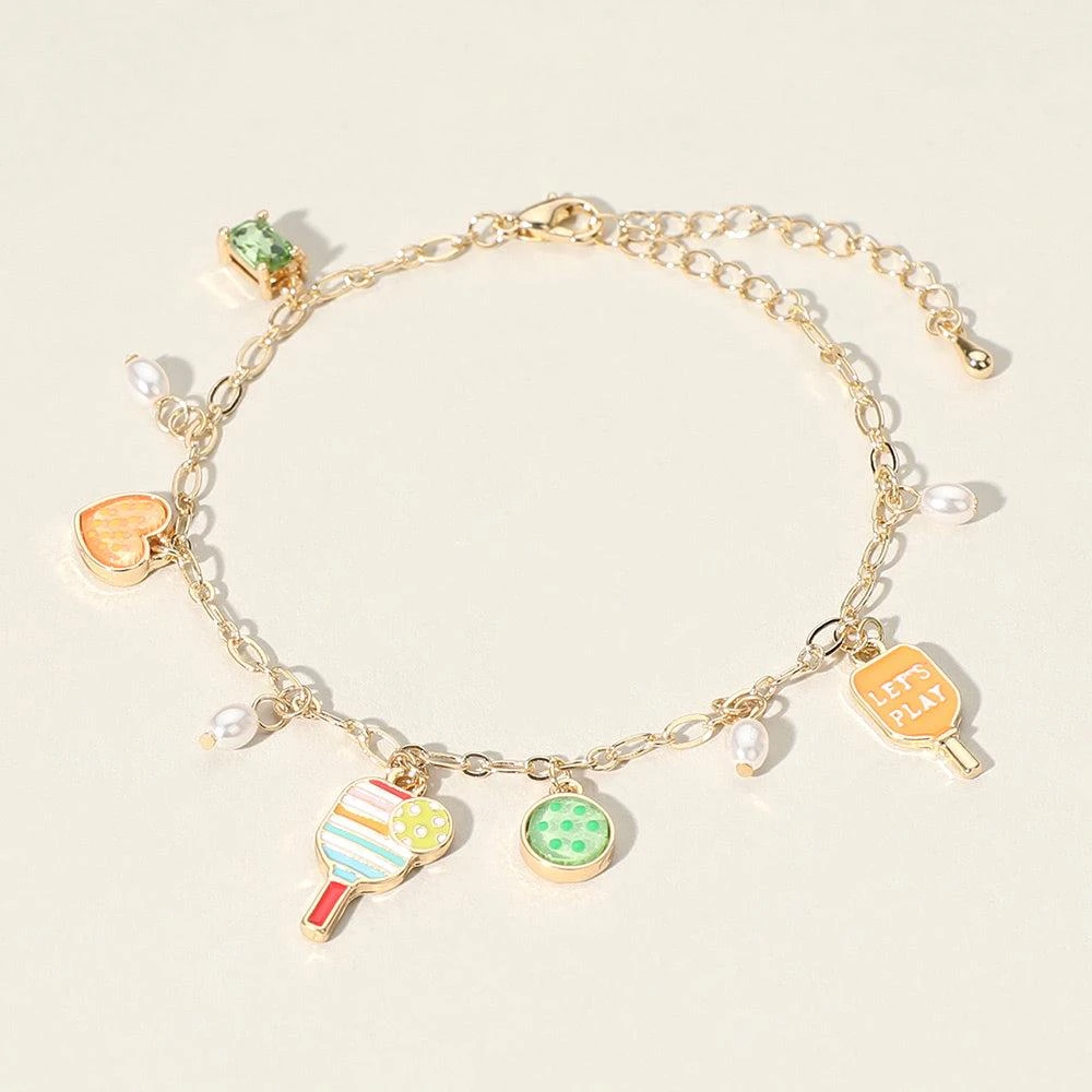 FASHNZFAB Lets Play Message Enamel Pickleball Pearl Charm Station Bracelet