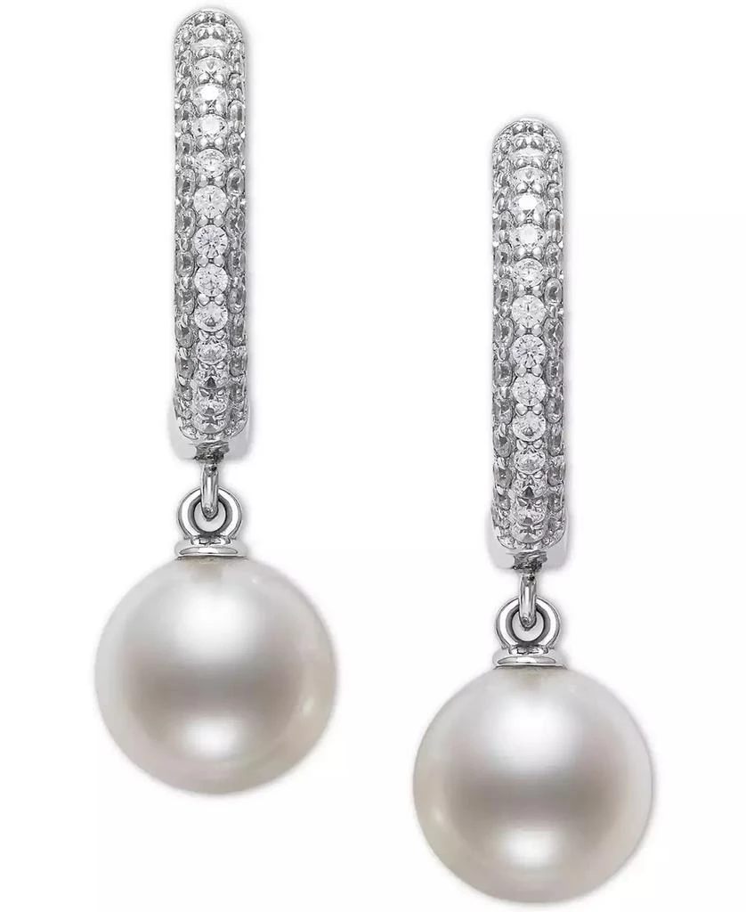 Belle de Mer Cultured Freshwater Pearl (7mm) & Cubic Zirconia Dangle Huggie Hoop Earrings in Sterling Silver, Created for Macy's 3