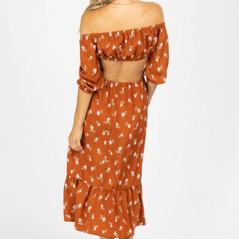 Endless Blu Floral O-Ring Midi Dress In Rust 2