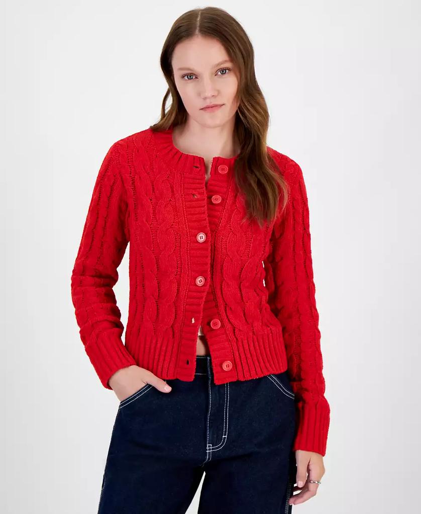 Hippie Rose Juniors' Crewneck Chunky Cable-Knit Cardigan