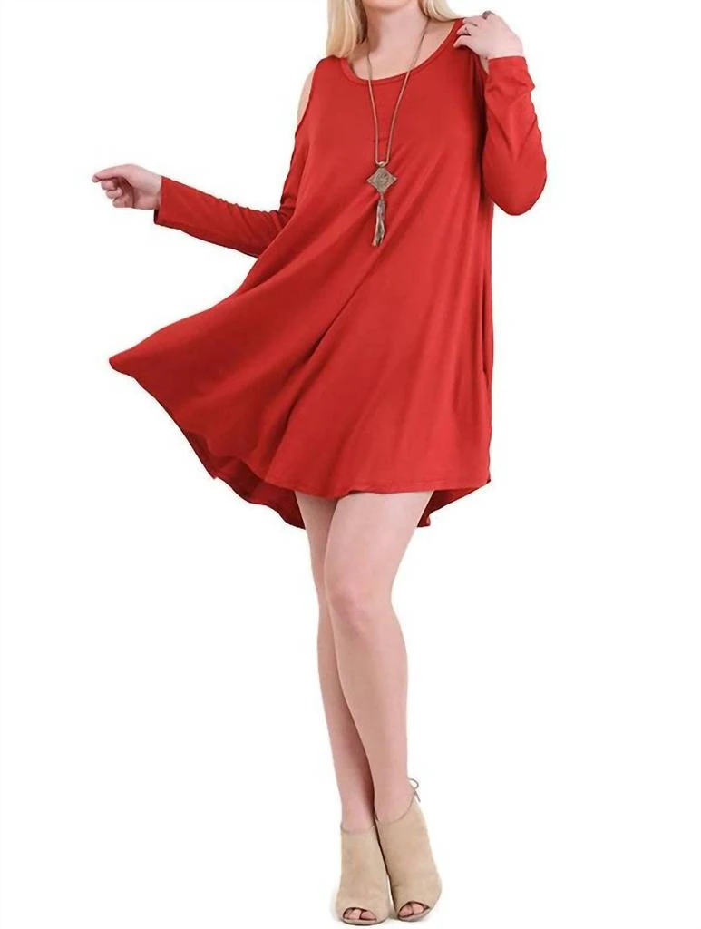 umgee Cold Shoulder T-Shirt Dress In Rust