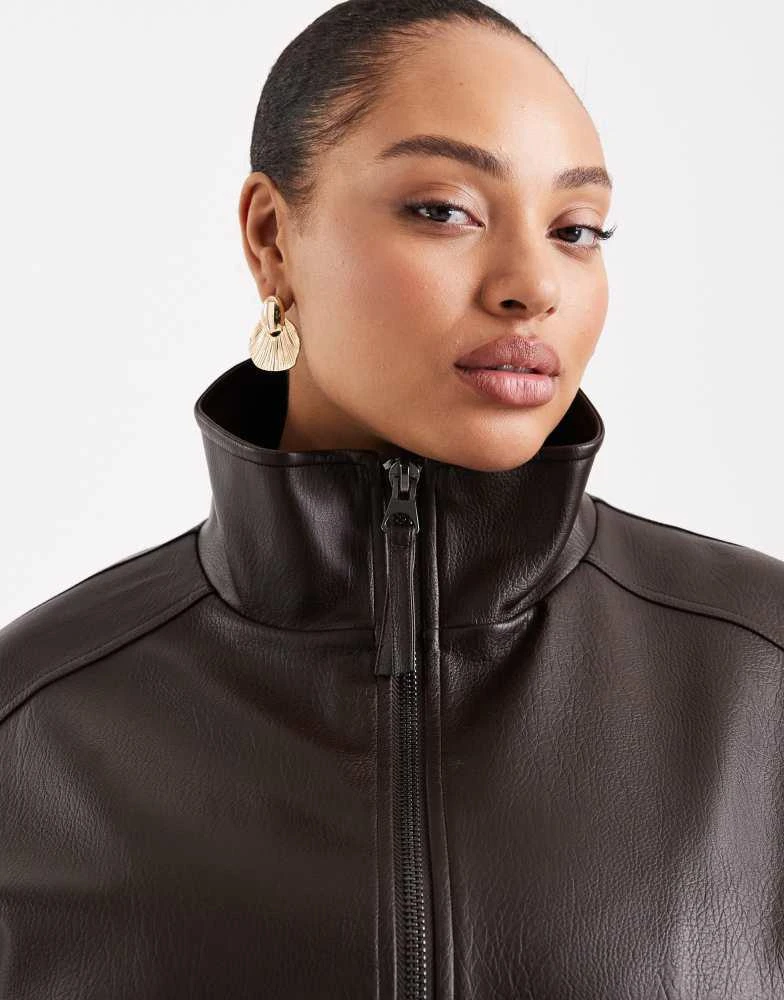 ASOS ASOS DESIGN Curve oversized leather look funnel bomber jacket in chocolate 2