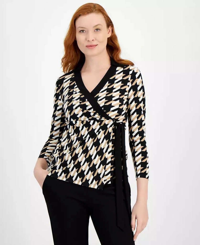 Anne Klein Women's 3/4-Sleeve Houndstooth Faux-Wrap Top 1