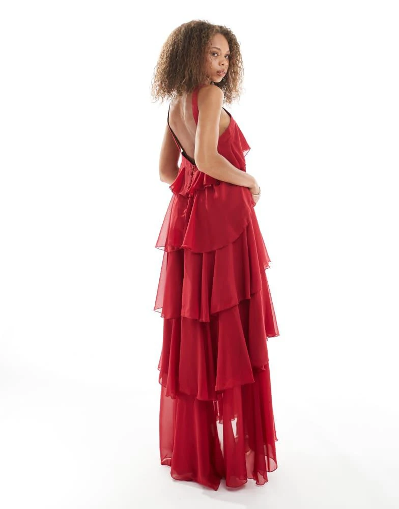VERO MODA Vero Moda Felicia halter neck tiered maxi dress with corsage detail in red 3
