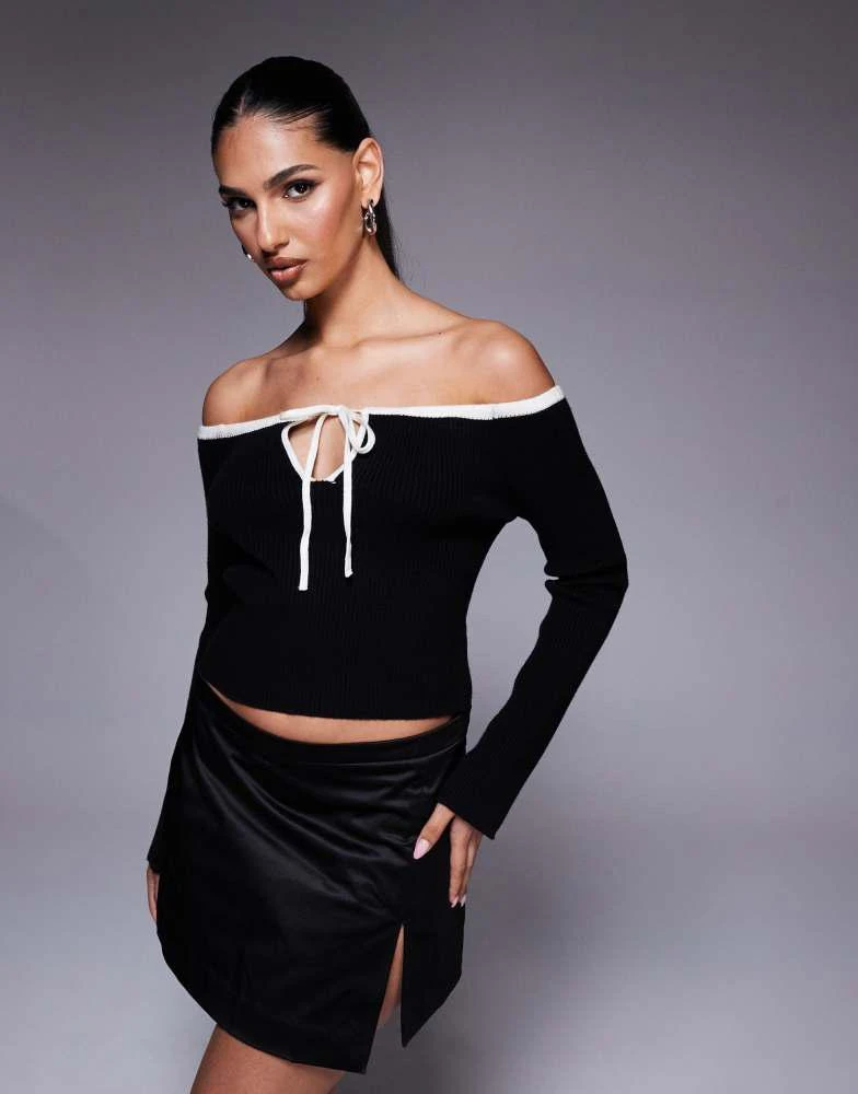 ASOS ASOS DESIGN knitted off shoulder bardot jumper with contrast trim in black 1