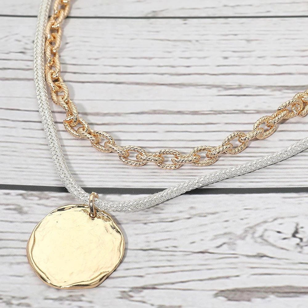 FASHNZFAB Hammered Metal Coin Pendant Sparkle Chunky Thread Textured Metal Chain Layered Necklace