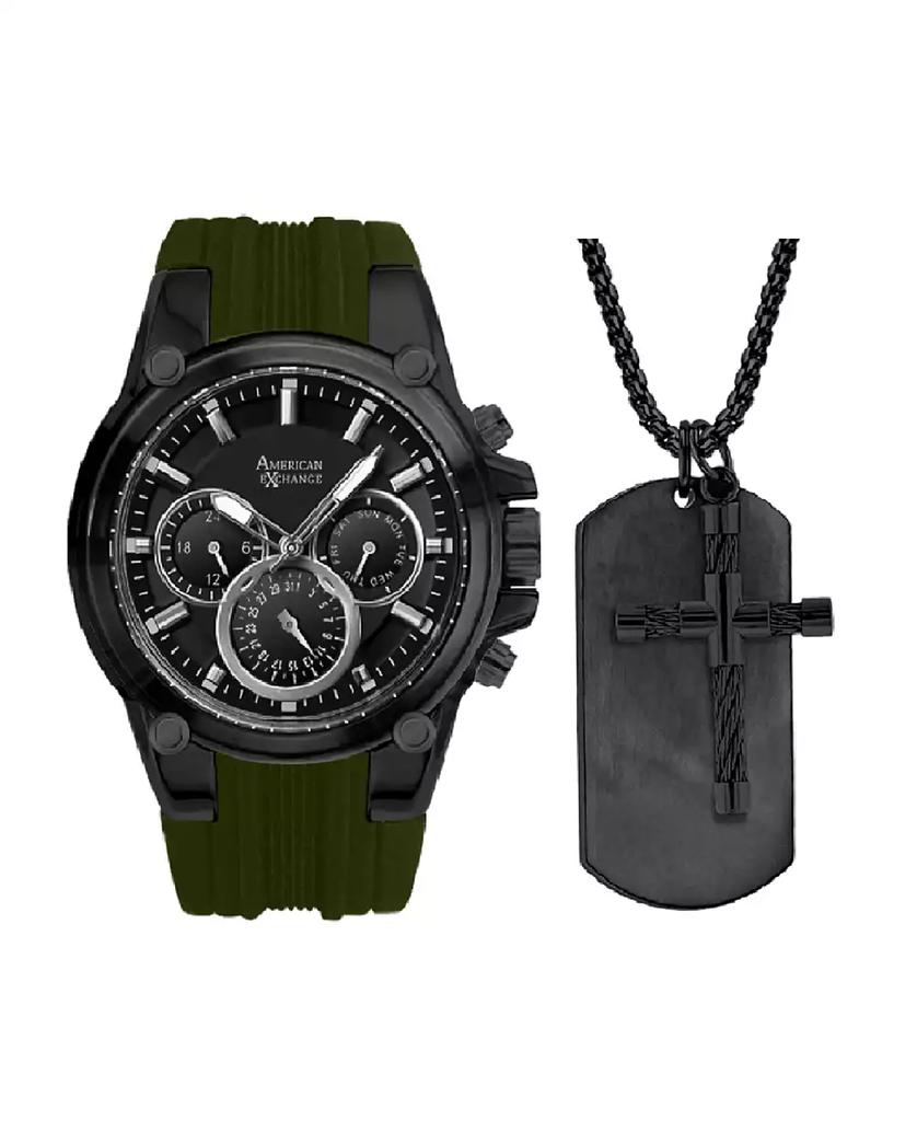 American Exchange Men's Analog, Three-Hand Quartz Olive Silicone Strap 45mm Gift Set