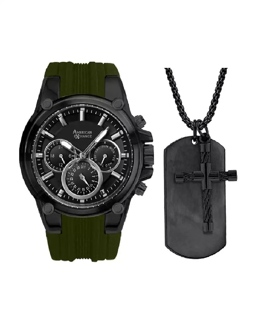 American Exchange Men's Analog, Three-Hand Quartz Olive Silicone Strap 45mm Gift Set 1