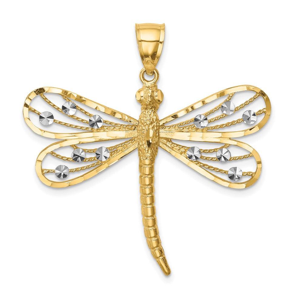 Diamond2Deal 14k Yellow Gold and White Rhodium Diamond-cut Dragonfly Pendant