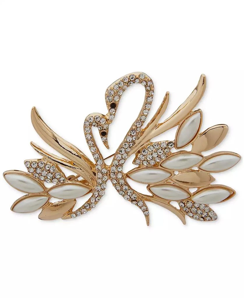 Anne Klein Gold-Tone Imitation Pearl Crystal Swans Pin 1