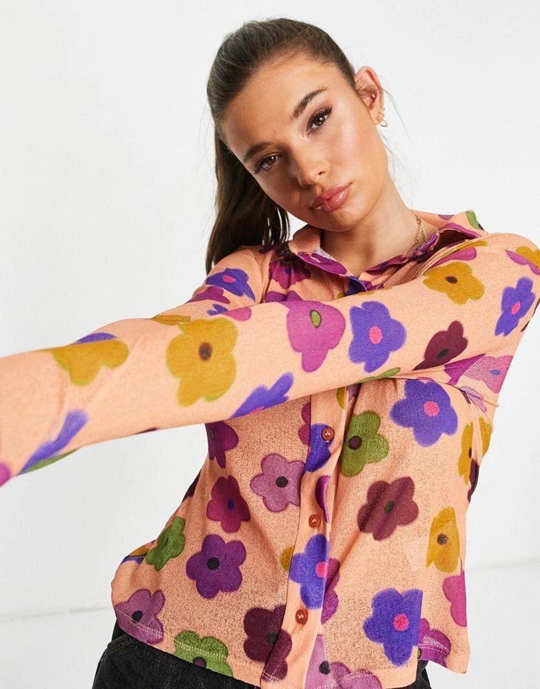 Topshop Topshop floral print mesh shirt in multi 2
