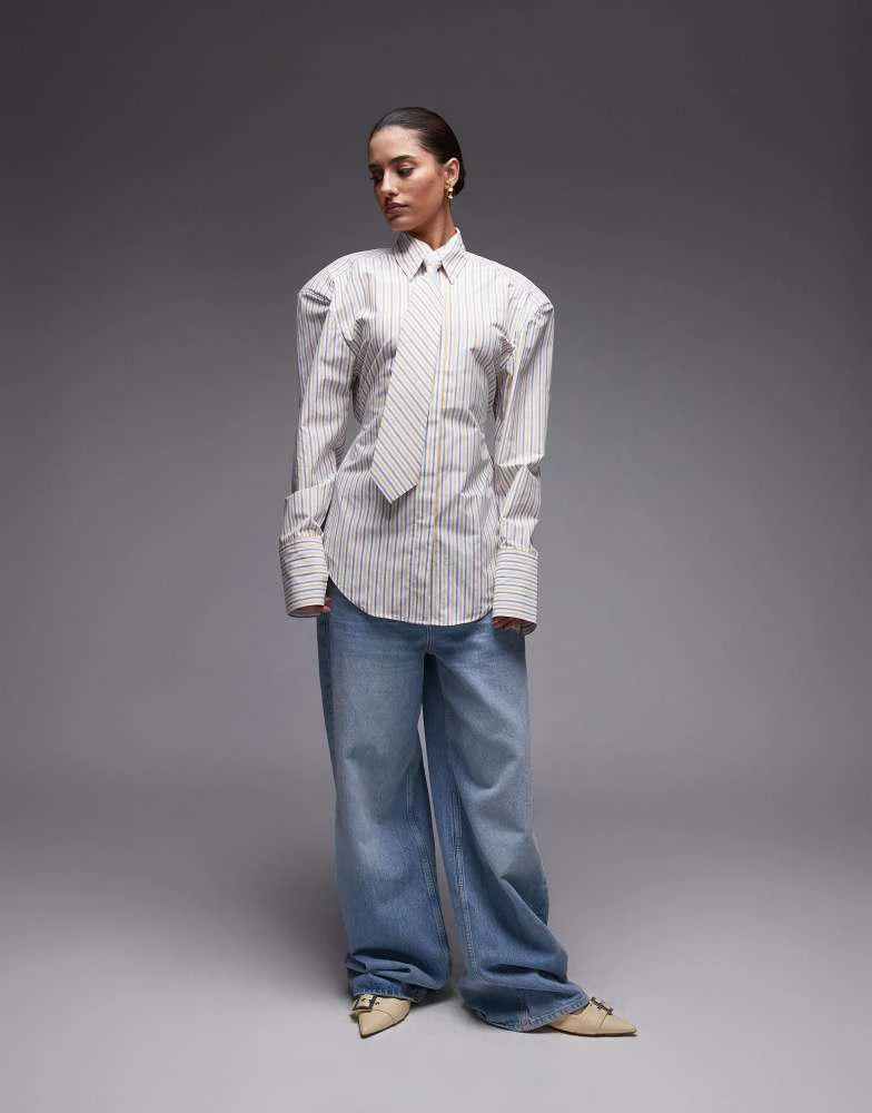 ASOS ASOS DESIGN cinch waist shirt with shoulder pads and tie in yellow stripe 3