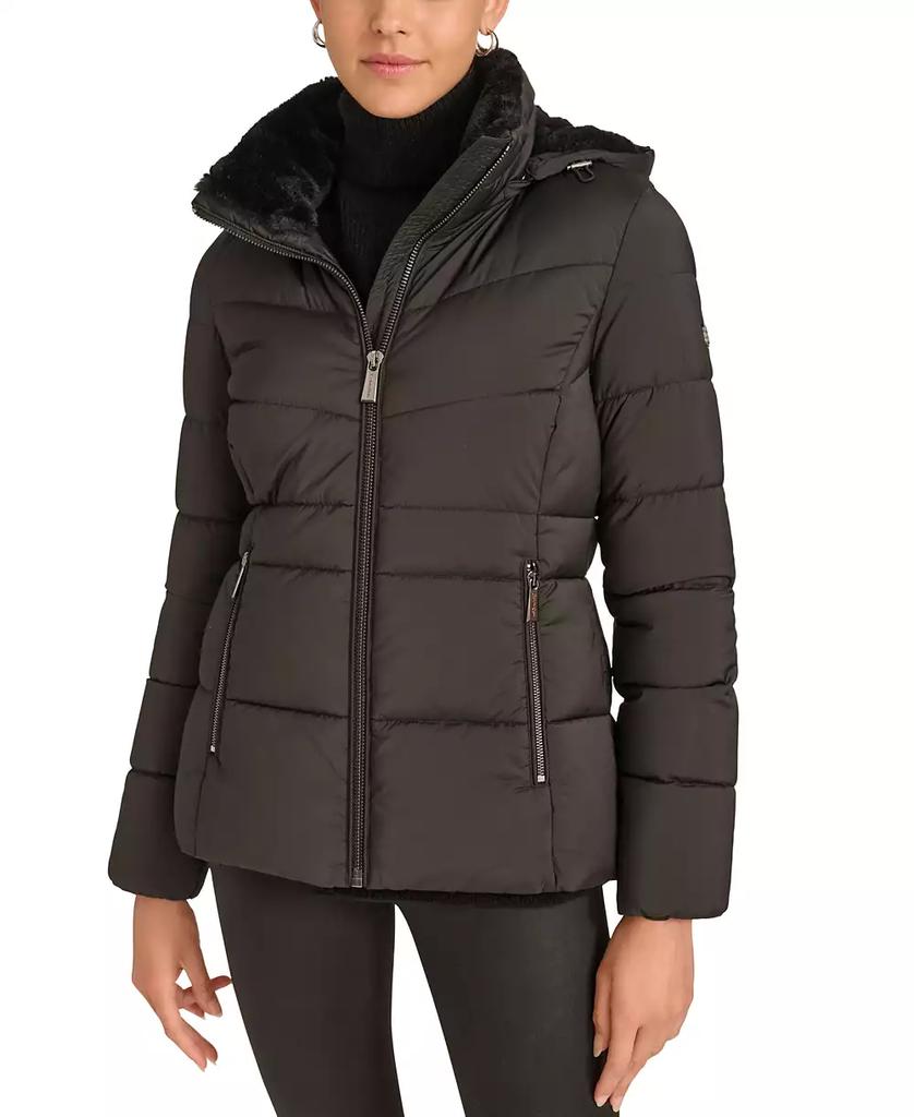 Calvin Klein Women s Faux Fur Lined Hooded Puffer Coat Black XXS Free Shipping BeyondStyle