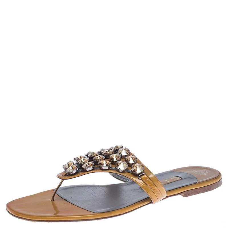 Gina Gina Mustard Patent Leather Studded Thong Flat Sandals Size 41 1