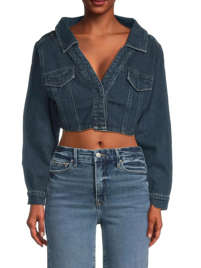 Good American ​Cropped Denim Off-The-Shoulder Jacket Top