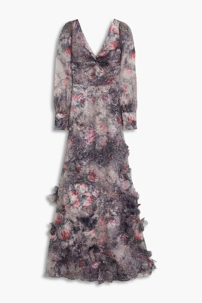 MARCHESA NOTTE Twisted floral-appliquéd printed organza gown 1