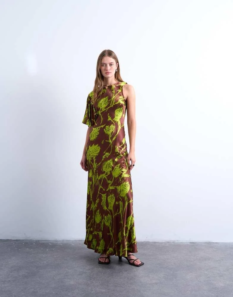 Topshop Topshop asymmetric sleeve full hem occasion midi dress in green blurred rose