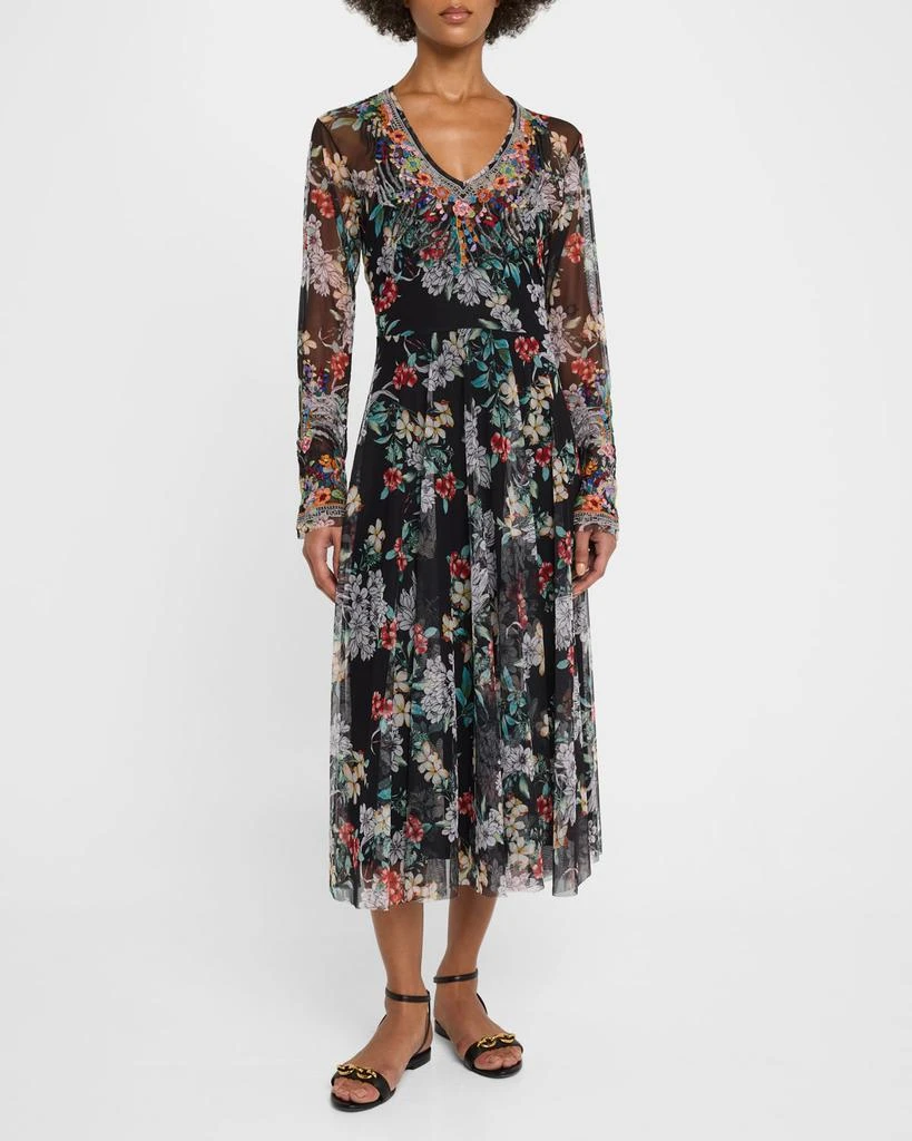 knee length dresses for ladies Black Embroidered Floral Mesh Overlay Midi Dress – PinkBlush main image 1
