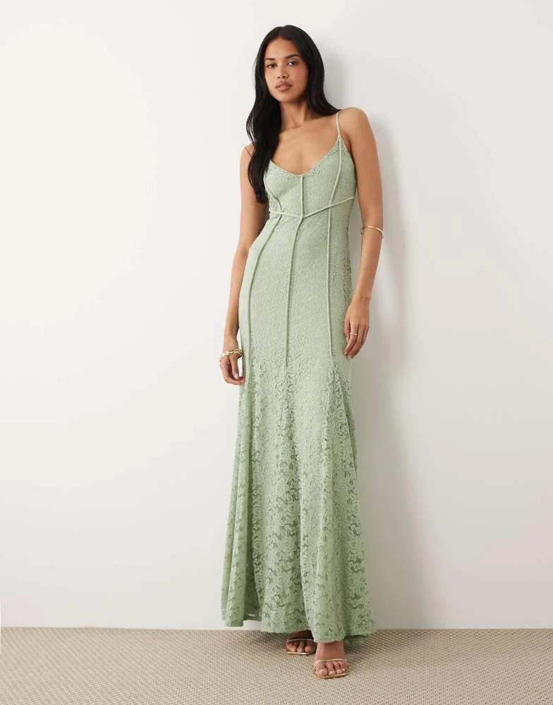 ASOS ASOS DESIGN seam detail lace cami maxi dress with godets in sage green  - Dresses & Skirts - Free Shipping - BeyondStyle