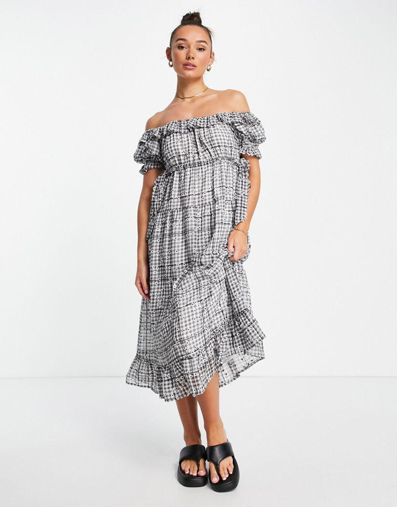LOST INK Lost Ink off the shoulder embellished gingham maxi dress in multi