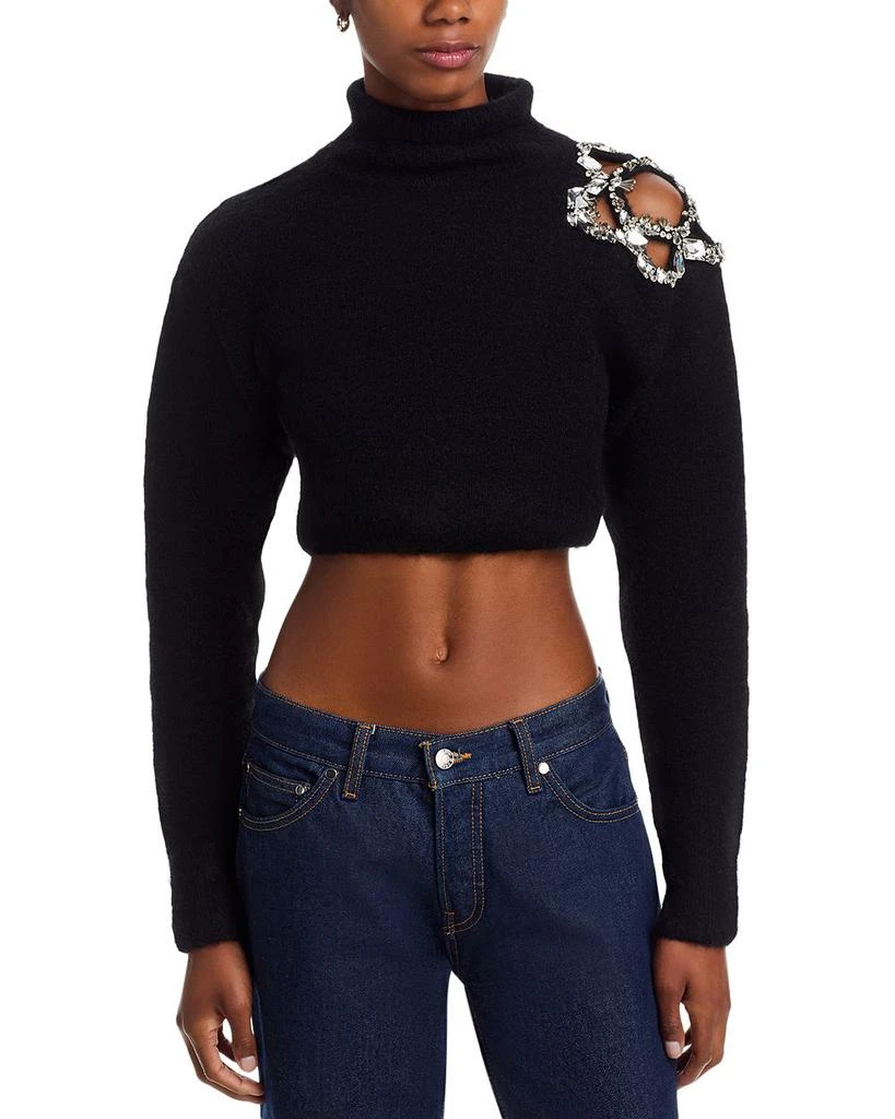 AREA Crystal Turtleneck Cluster Flower Cropped Sweater 1