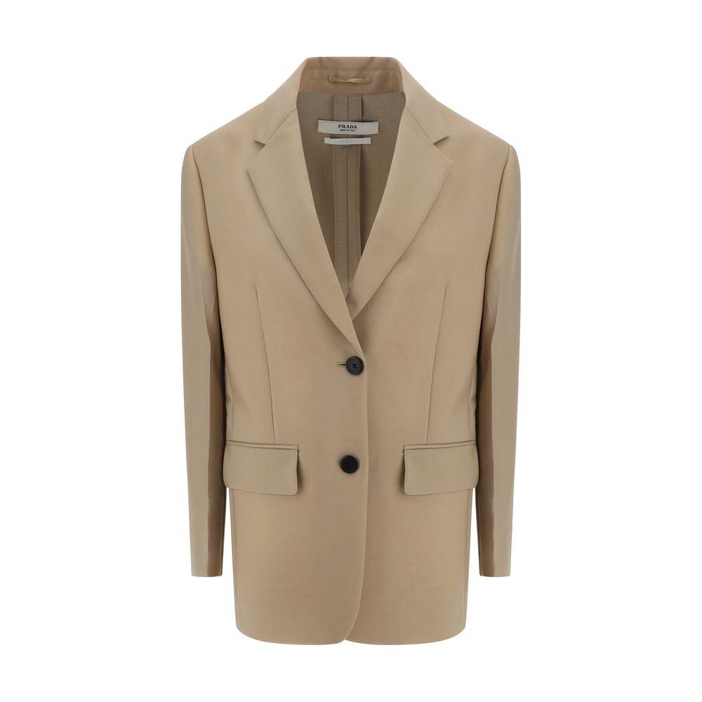 Prada Single-Breasted Wool Jacket with Feather Trim
