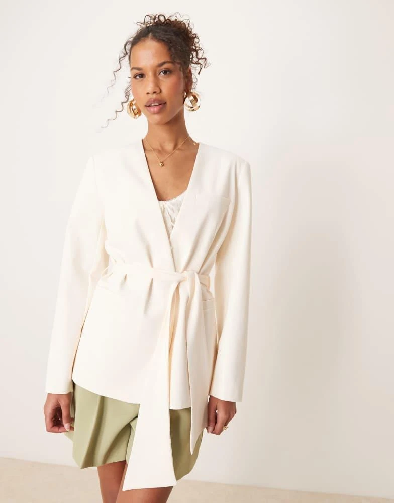ASOS ASOS DESIGN tie waist collarless blazer in buttermilk 1