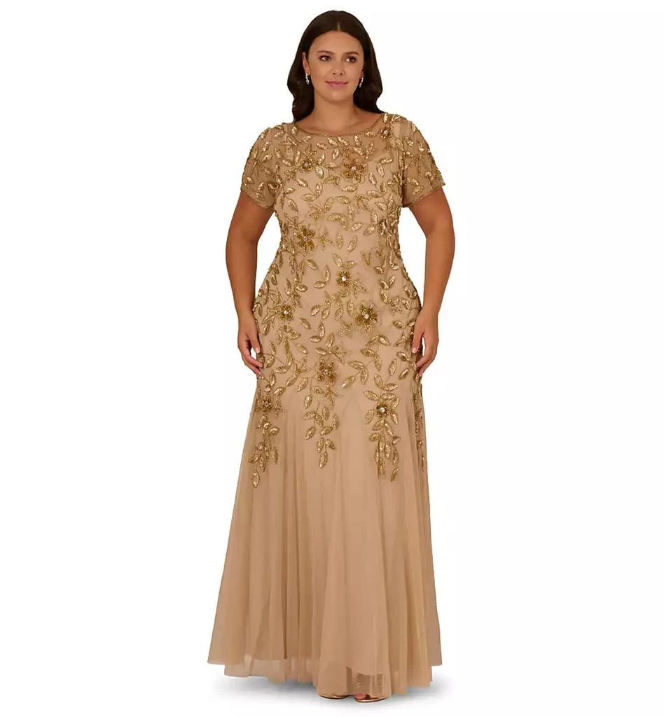 adrianna papell foil asymmetric maxi dress sage gold Navy Foil Printed Asymmetric Gown With Ruffled Detail main image 1