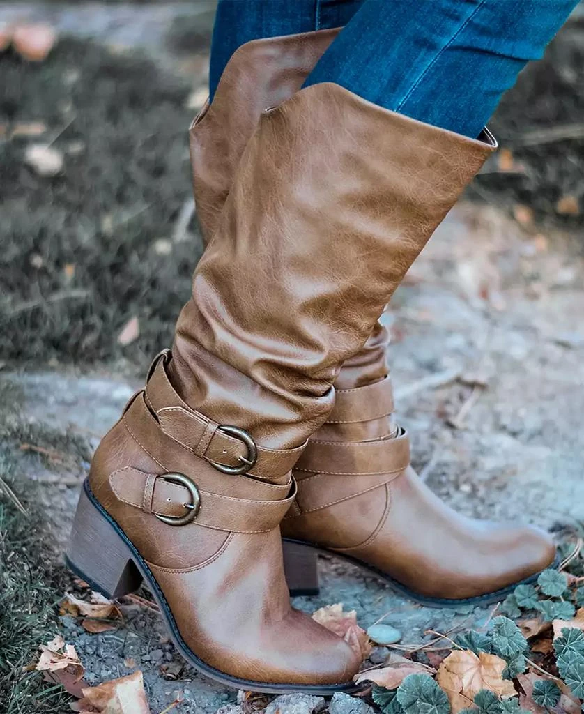 Journee Collection Women's Late Wide Calf Rouched Buckle Mid Shaft Block Heel Boots 6