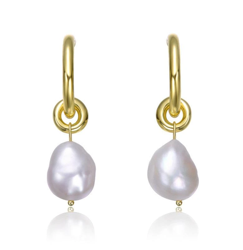 Rachel Glauber 14K Gold Plated with Irregular Pearl Huggie Drop Earrings 2