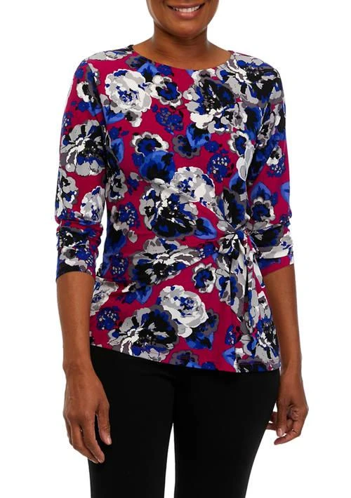 Kasper Womens 3 4 Sleeve Side Tie Printed Top 1