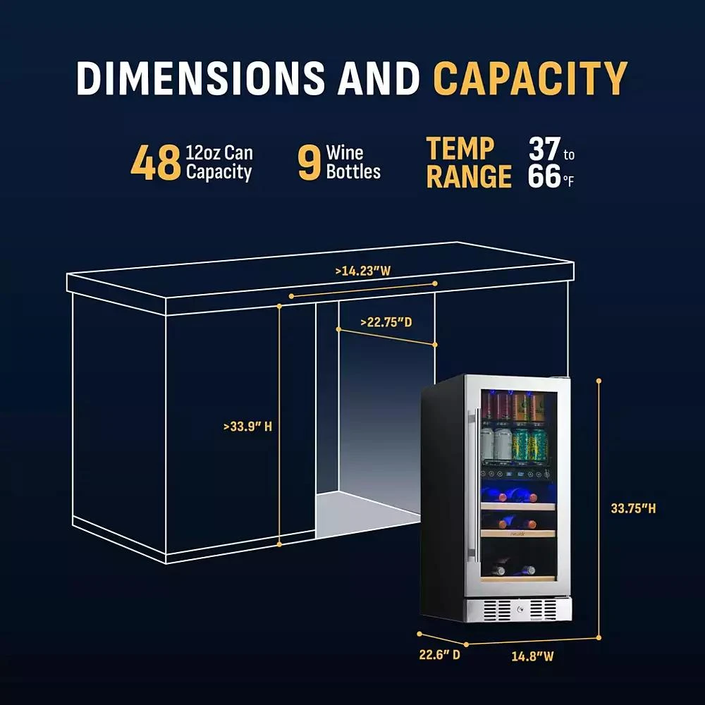 Newair 15" Premium Built-in Dual Zone 9 Bottle and 48 Can Wine and Beverage Fridge in Stainless Steel with SplitShelf 8