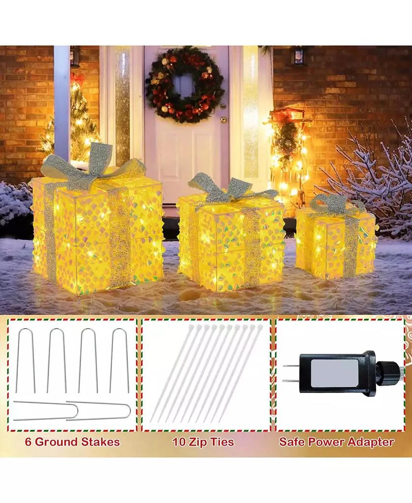 Costway 3 PCS Christmas Lighted Gift Boxes with 90 LED Lights Zip Ties Ground Stakes 9