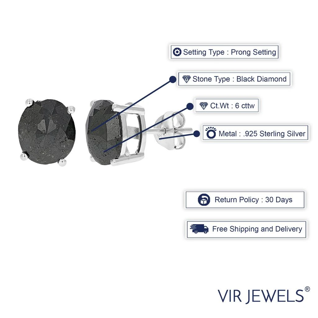 Vir Jewels 6 cttw Oval Shape Black Diamond Stud Earrings .925 Sterling Silver Prong Set 3