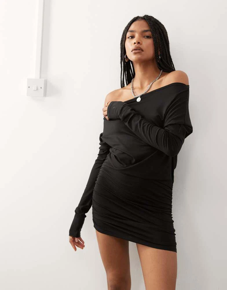 Weekday Weekday off shoulder long sleeve mini dress in black 2