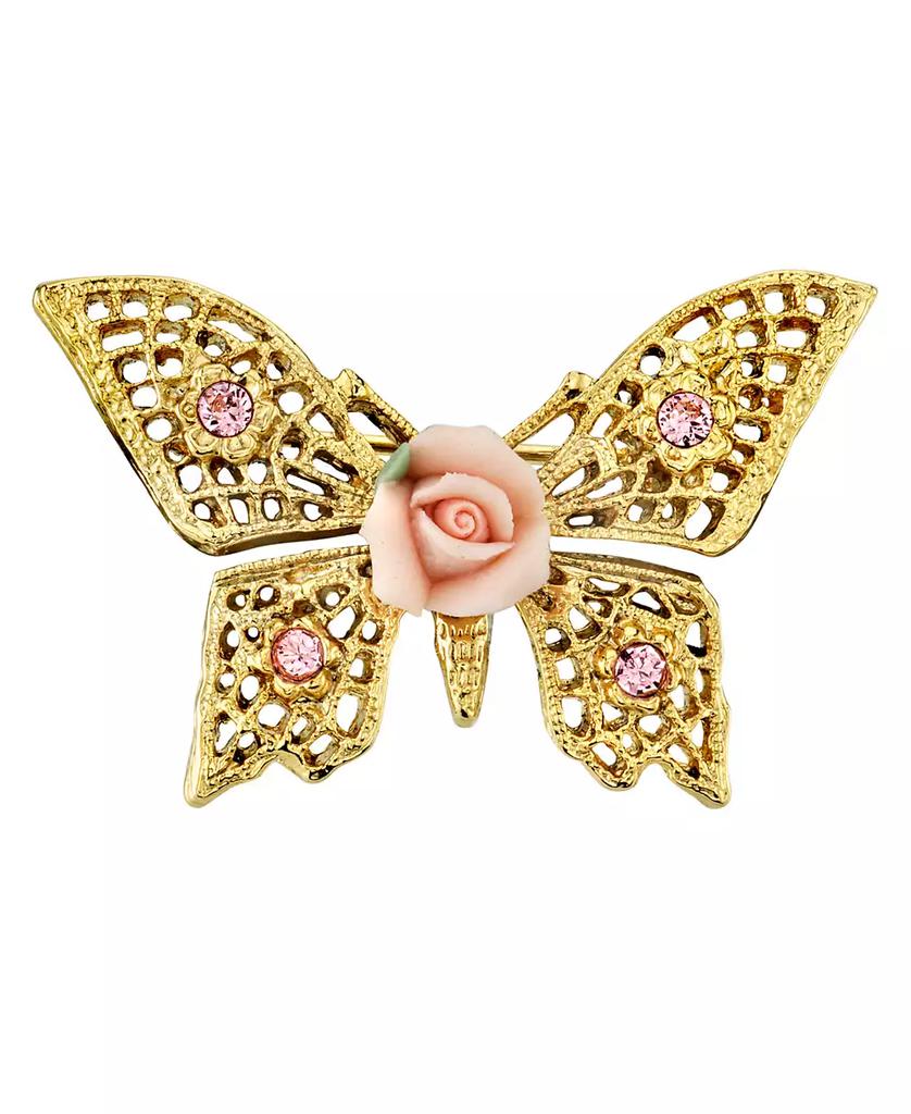 2028 Gold-Tone Pink Crystal and Porcelain Rose Butterfly Brooch