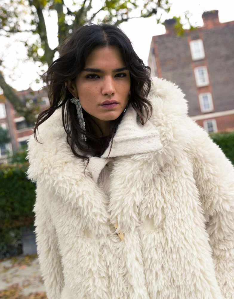 Topshop Topshop faux fur duffle hooded long coat in cream 2