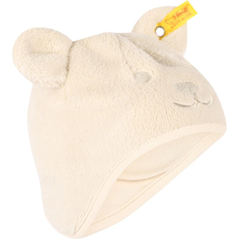 Steiff Embroidered teddy sherpa baby cap in off white