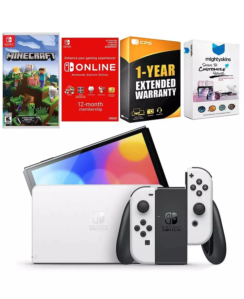 Nintendo Switch White OLED Console with Minecraft: Switch Edition, NSO 12 Month Family Membership, MightySkins Console and Controller Skin Voucher, an