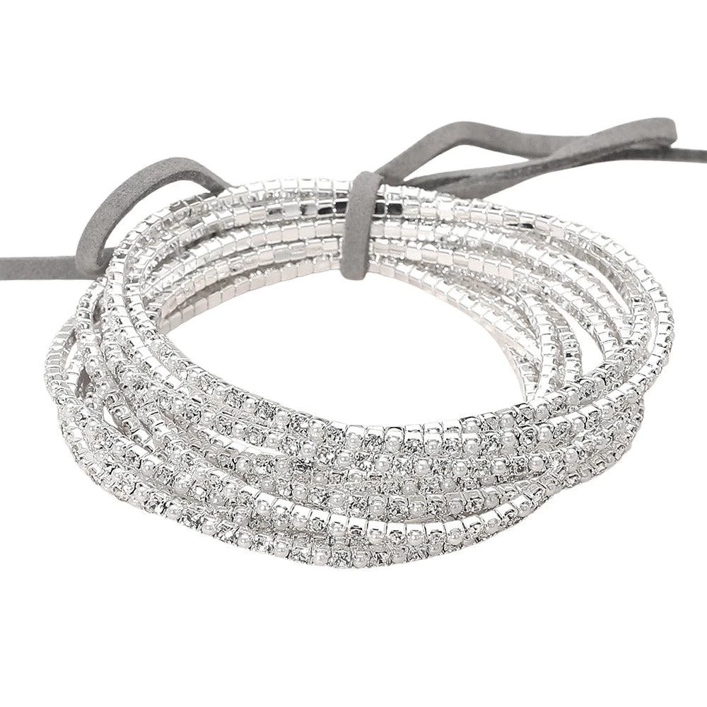 FASHNZFAB 12PCS - Ribbon Colorful Rhinestone Layered Stretch Bracelets 2