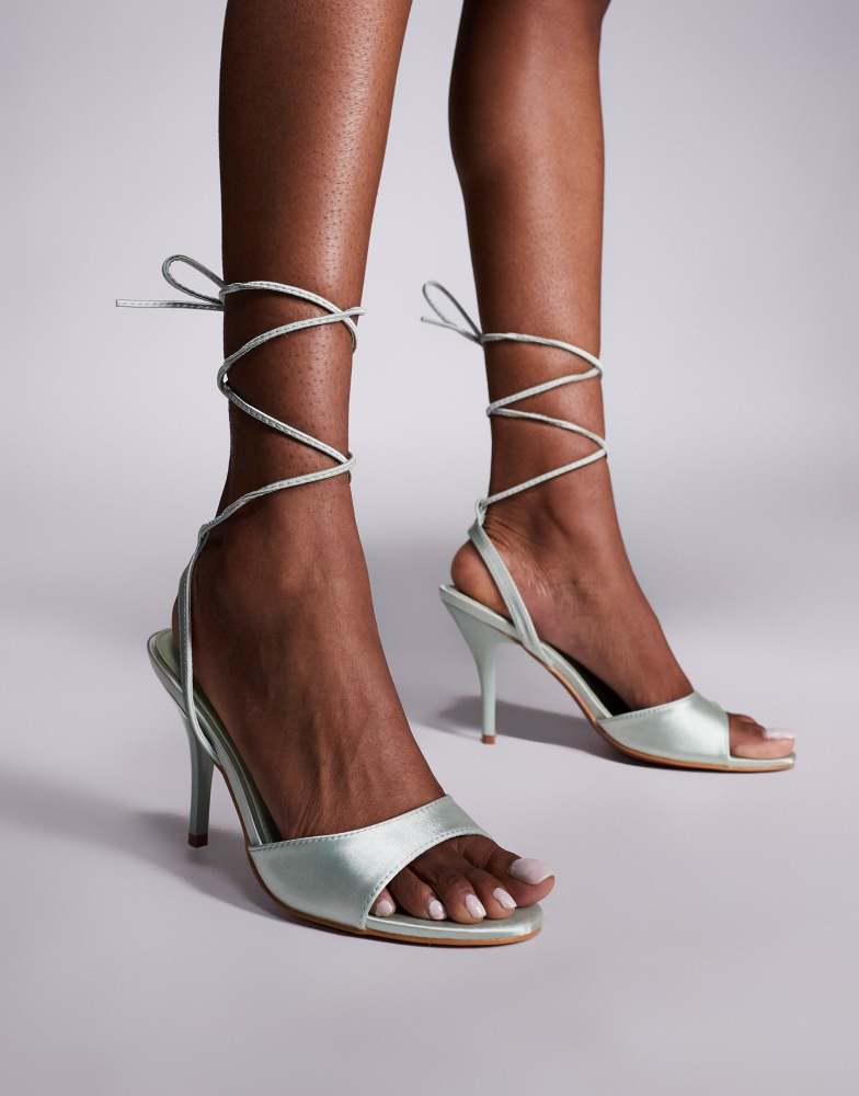 Public Desire Public Desire Bea peep toe heeled sandals in with tie leg in sage satin